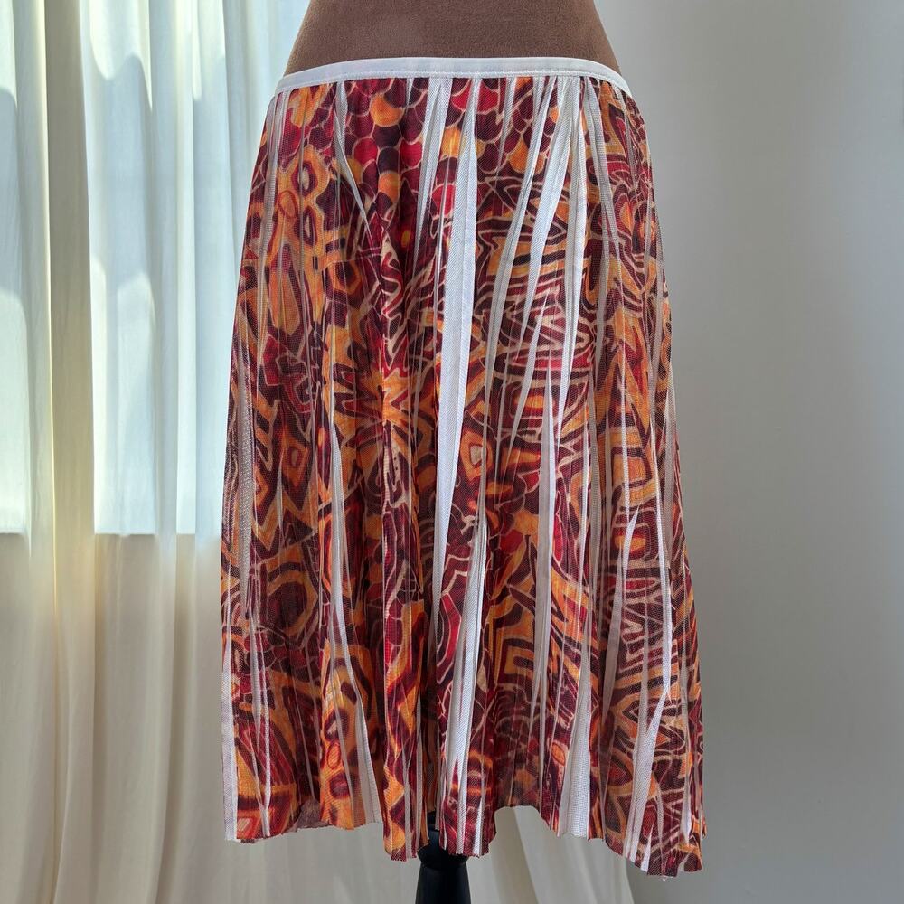 90s Vintage Lapis Midi Skirt M Boho Print Mesh Pleated Panel Summer Whimsy Fairy